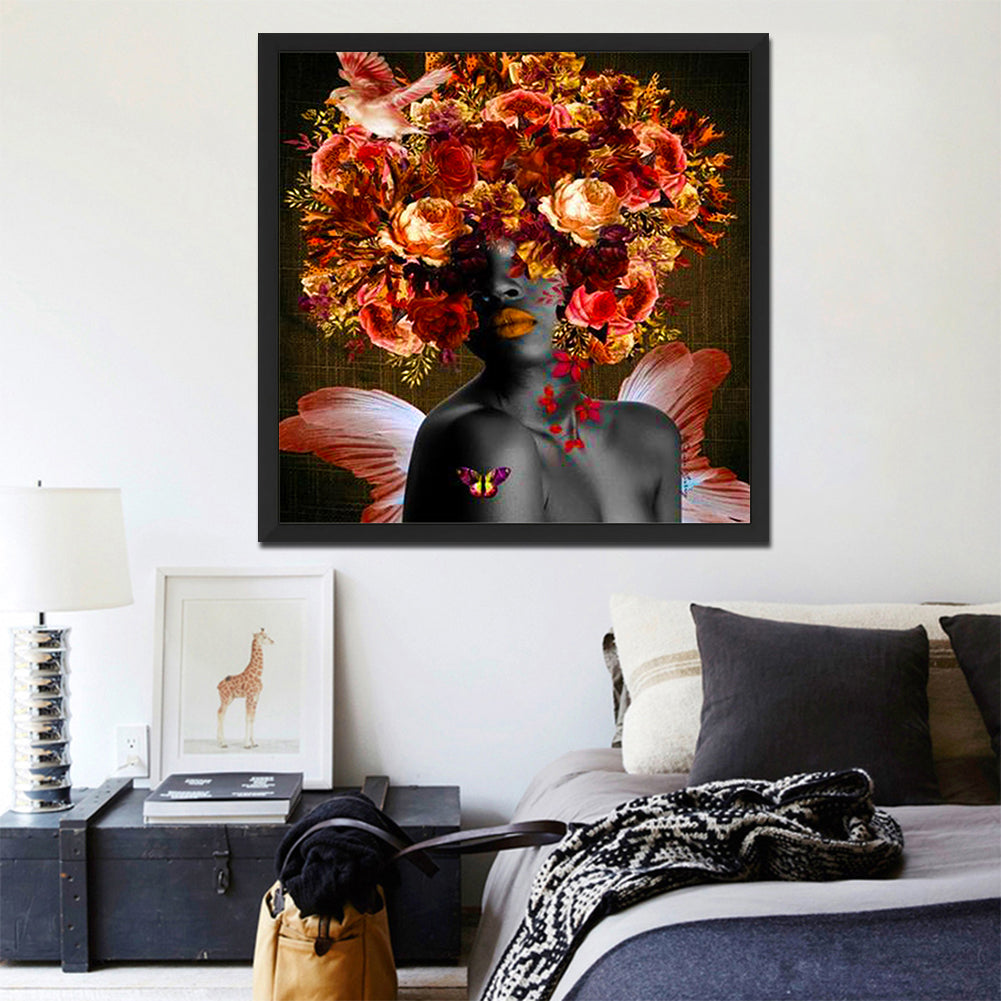 Black Woman With Flower - Full Round Drill Diamond Painting 40*40CM