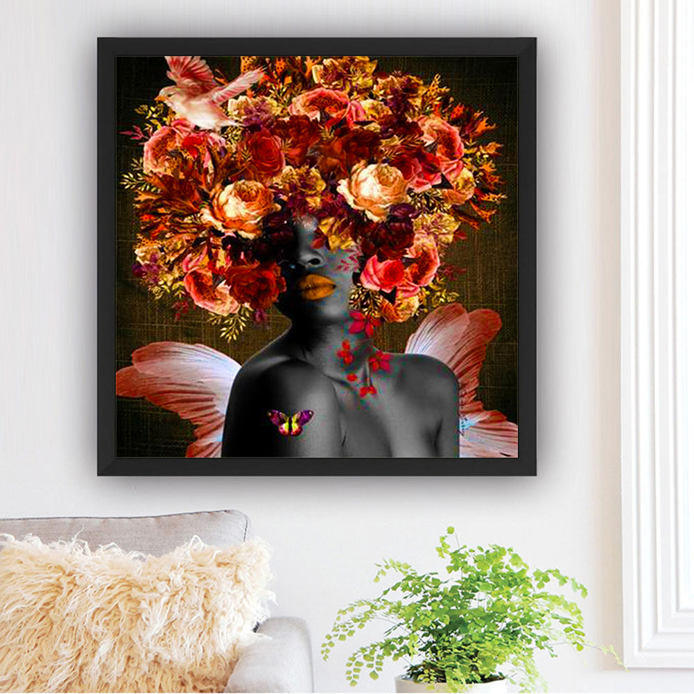 Black Woman With Flower - Full Round Drill Diamond Painting 40*40CM