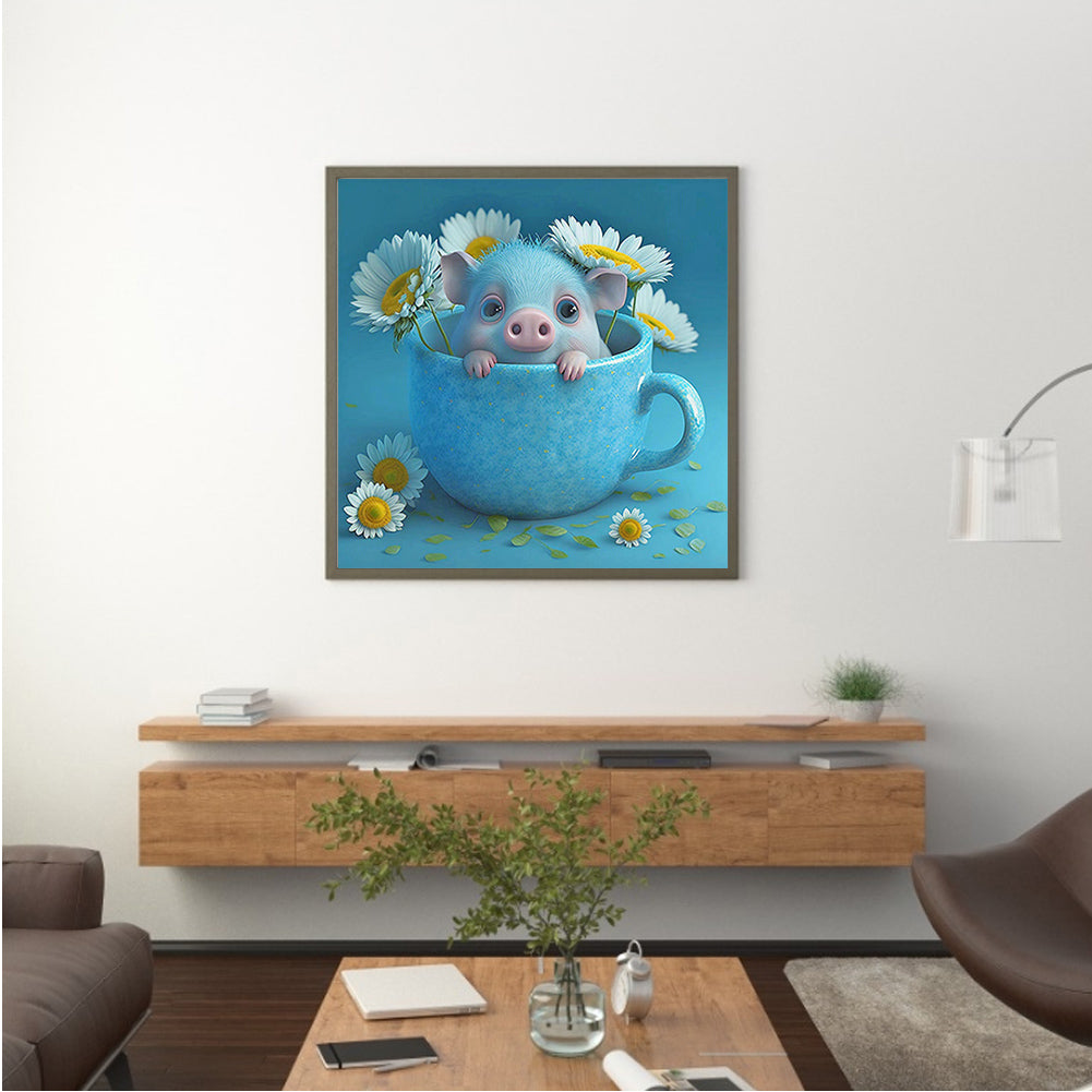 Light Blue Potted Plant Zodiac Pig - Full Round Drill Diamond Painting 30*30CM