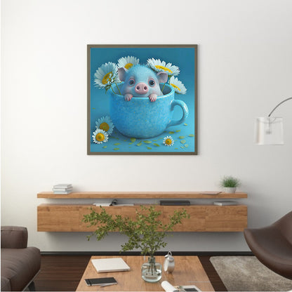 Light Blue Potted Plant Zodiac Pig - Full Round Drill Diamond Painting 30*30CM