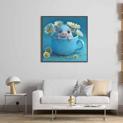 Light Blue Potted Plant Zodiac Pig - Full Round Drill Diamond Painting 30*30CM