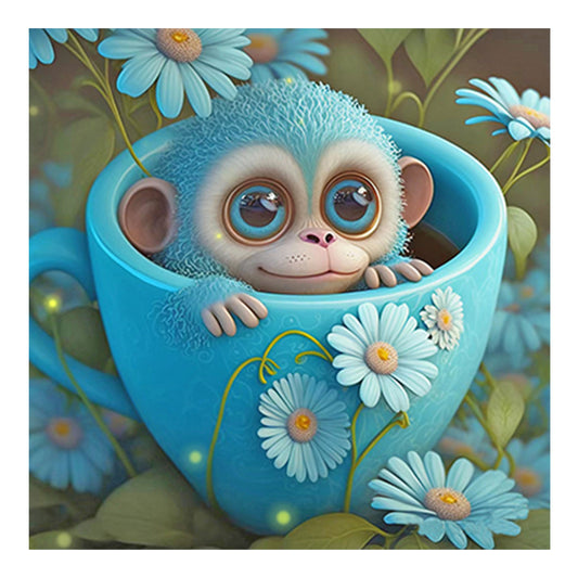 Light Blue Potted Zodiac Monkey - Full Round Drill Diamond Painting 30*30CM