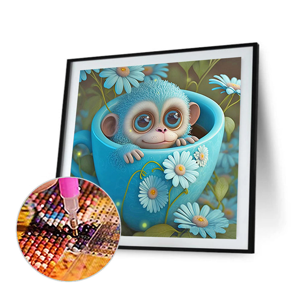 Light Blue Potted Zodiac Monkey - Full Round Drill Diamond Painting 30*30CM