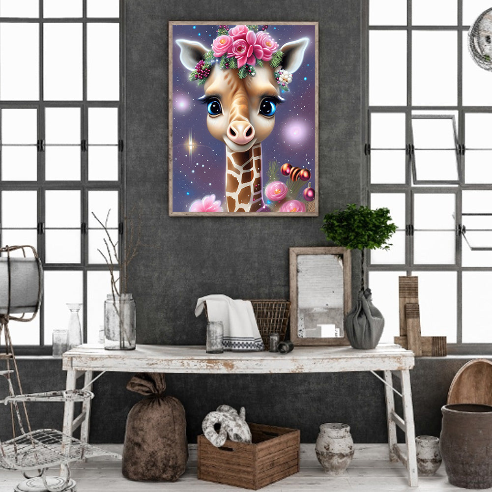 Giraffe Wearing Flowers - Full Round Drill Diamond Painting 30*40CM