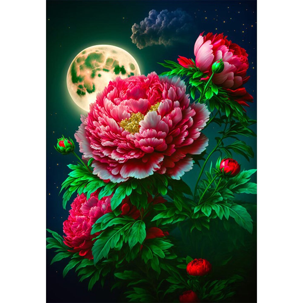 Peony-Blooming And Full Moon - Full Round Drill Diamond Painting 30*40CM