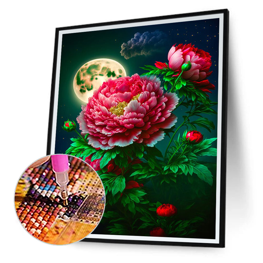 Peony-Blooming And Full Moon - Full Round Drill Diamond Painting 30*40CM