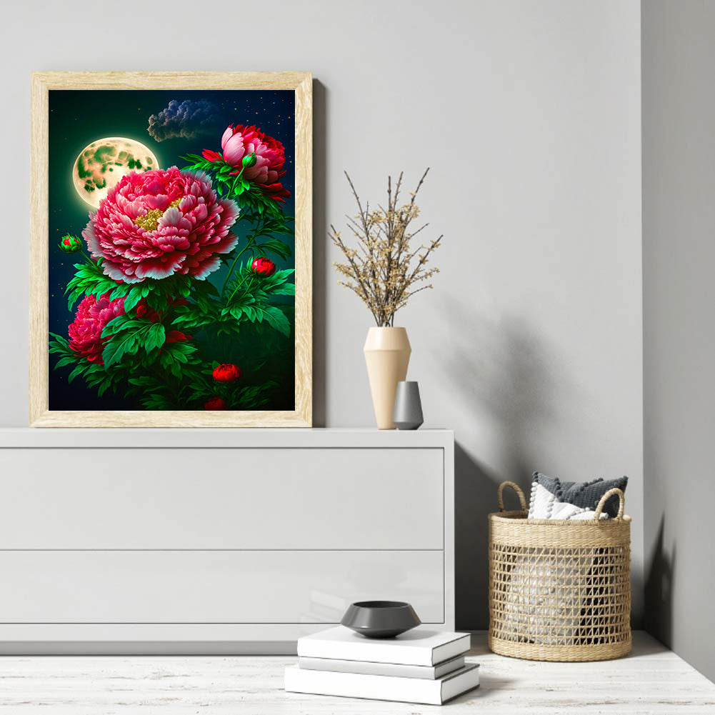 Peony-Blooming And Full Moon - Full Round Drill Diamond Painting 30*40CM