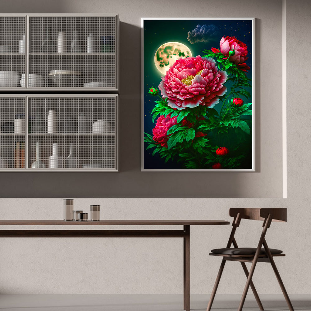 Peony-Blooming And Full Moon - Full Round Drill Diamond Painting 30*40CM