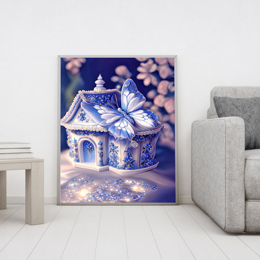 Fantasy Blue And White Porcelain Butterfly House - Full Round Drill Diamond Painting 30*40CM