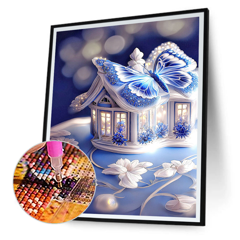 Fantasy Blue And White Porcelain Butterfly House - Full Round Drill Diamond Painting 30*40CM