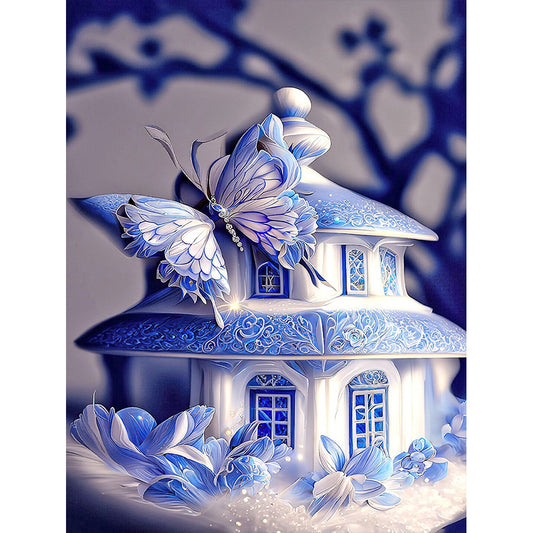 Fantasy Blue And White Porcelain Butterfly House - Full Round Drill Diamond Painting 30*40CM