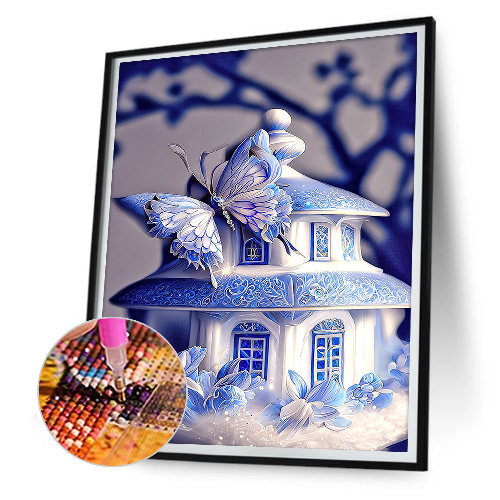 Fantasy Blue And White Porcelain Butterfly House - Full Round Drill Diamond Painting 30*40CM