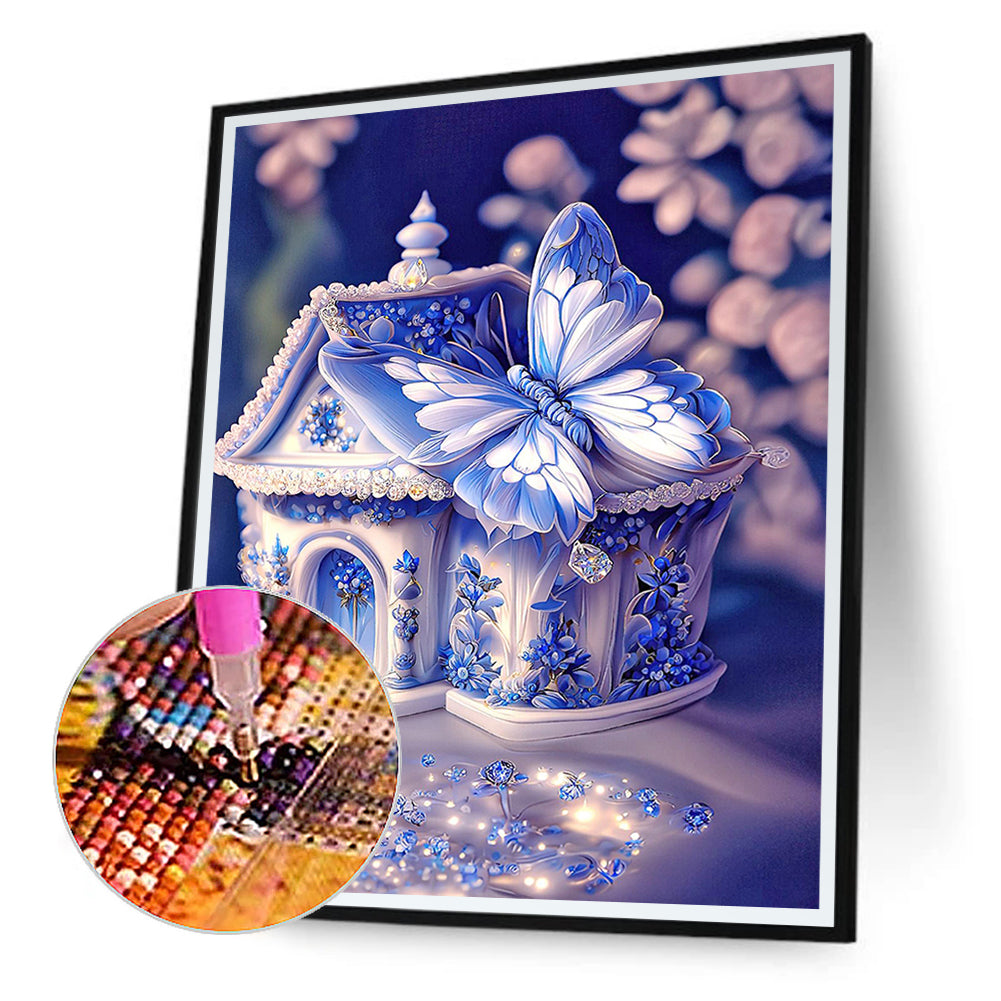 Fantasy Blue And White Porcelain Butterfly House - Full Round Drill Diamond Painting 30*40CM