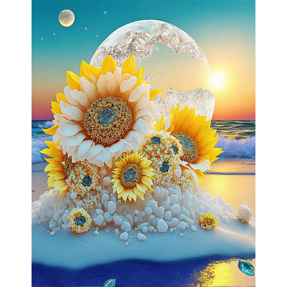 Beach Sunrise Sunflowers - Full Round Drill Diamond Painting 40*50CM