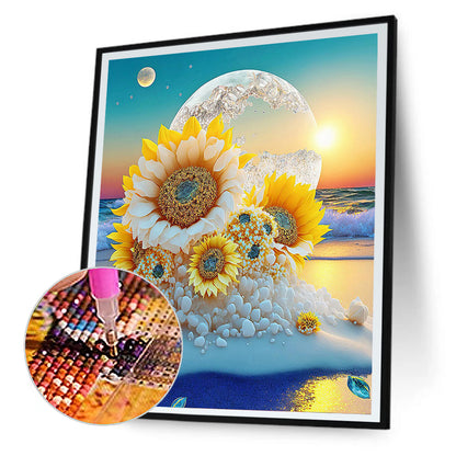 Beach Sunrise Sunflowers - Full Round Drill Diamond Painting 40*50CM