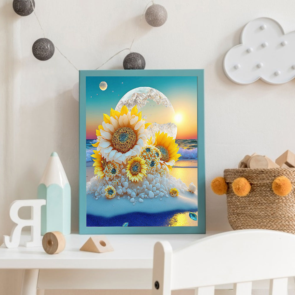 Beach Sunrise Sunflowers - Full Round Drill Diamond Painting 40*50CM