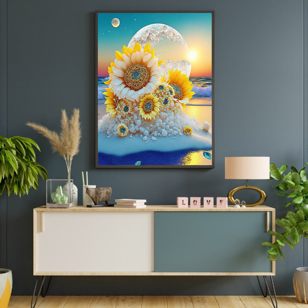 Beach Sunrise Sunflowers - Full Round Drill Diamond Painting 40*50CM