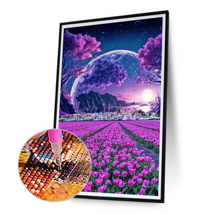 Purple Tulip Flower Sea Village - Full Round Drill Diamond Painting 40*70CM