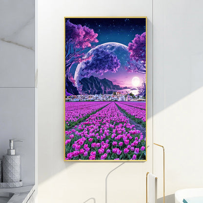 Purple Tulip Flower Sea Village - Full Round Drill Diamond Painting 40*70CM