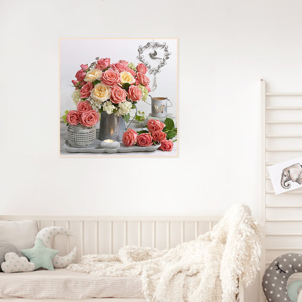 Pink And White Rose Bouquet - Full Round Drill Diamond Painting 30*30CM