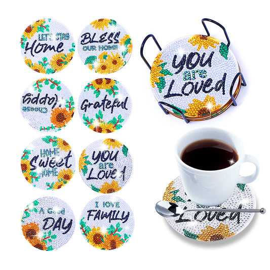 8pcs Cork Coasters Creative DIY Cup Coasters with Holder for Table Home Decor(Sunflower Alphabet)