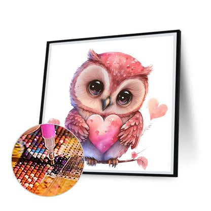 Pink Flower Owl - Full Round Drill Diamond Painting 30*30CM