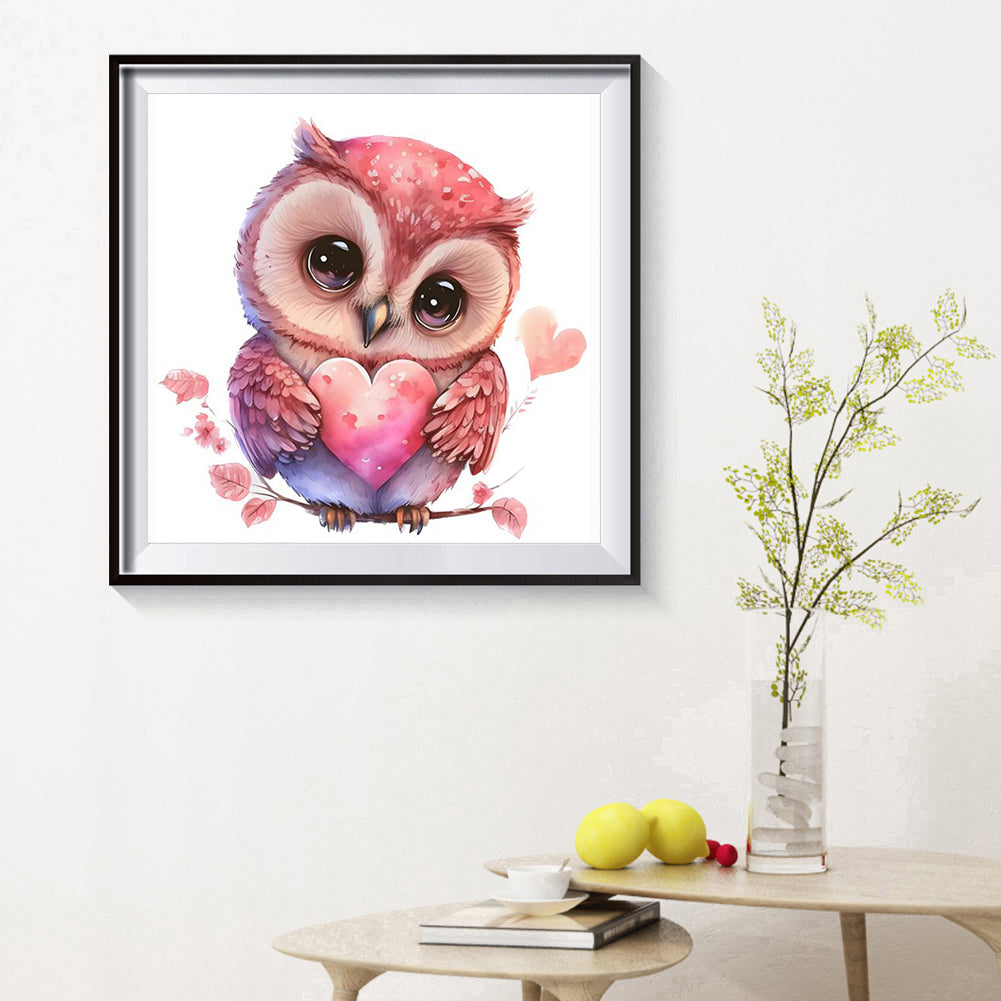 Pink Flower Owl - Full Round Drill Diamond Painting 30*30CM