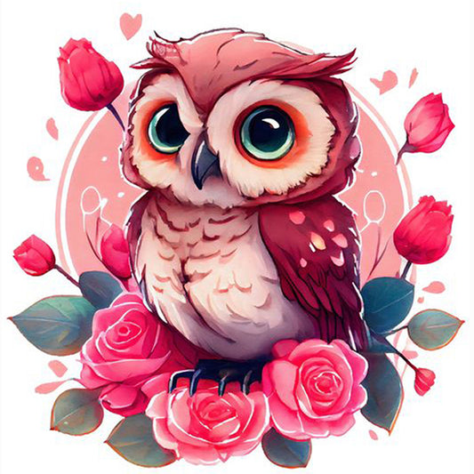 Pink Flower Owl - Full Round Drill Diamond Painting 30*30CM