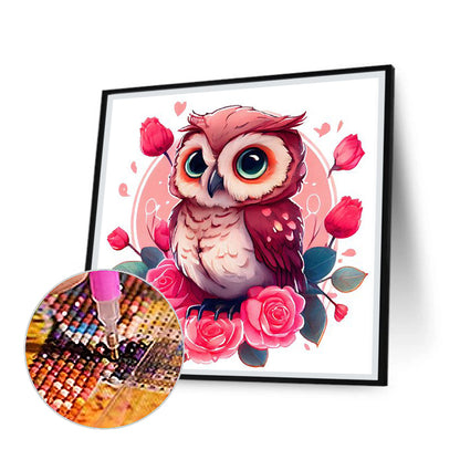 Pink Flower Owl - Full Round Drill Diamond Painting 30*30CM