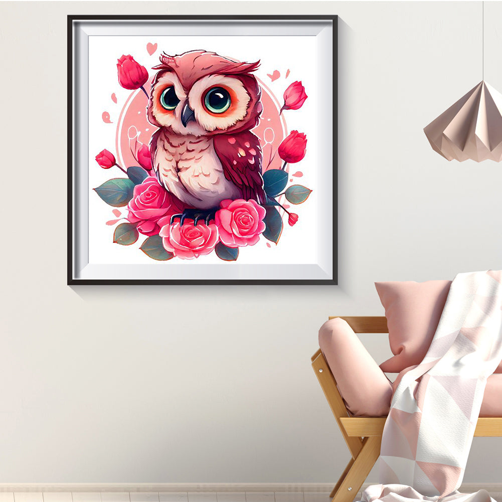 Pink Flower Owl - Full Round Drill Diamond Painting 30*30CM