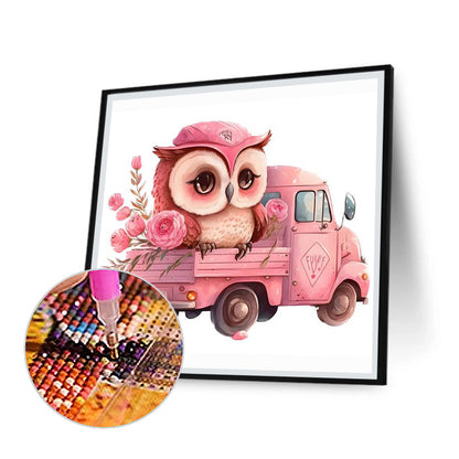 Pink Flower Owl - Full Round Drill Diamond Painting 30*30CM