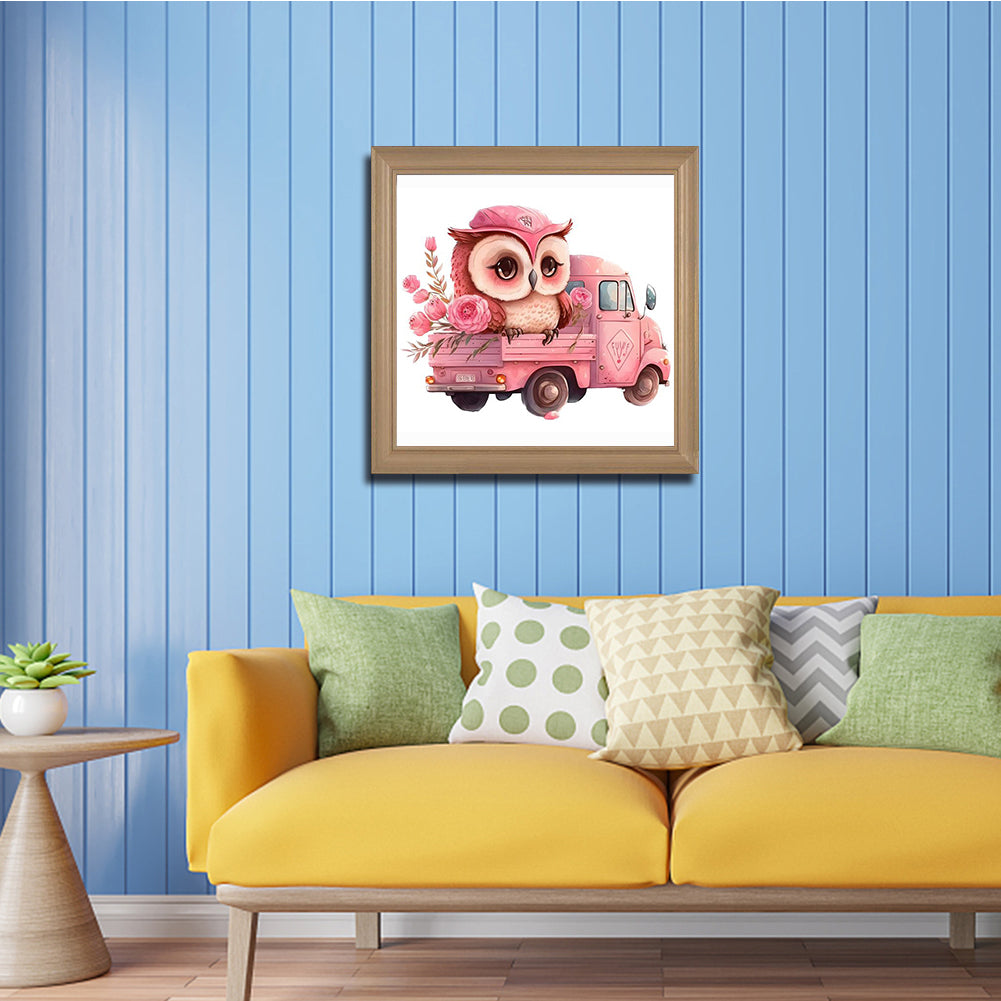Pink Flower Owl - Full Round Drill Diamond Painting 30*30CM