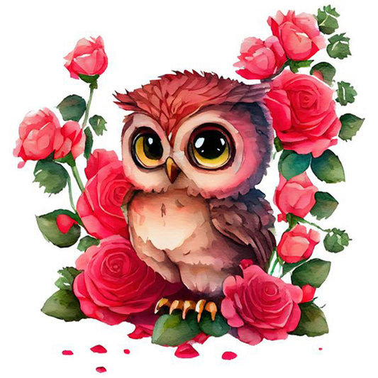 Pink Flower Owl - Full Round Drill Diamond Painting 30*30CM