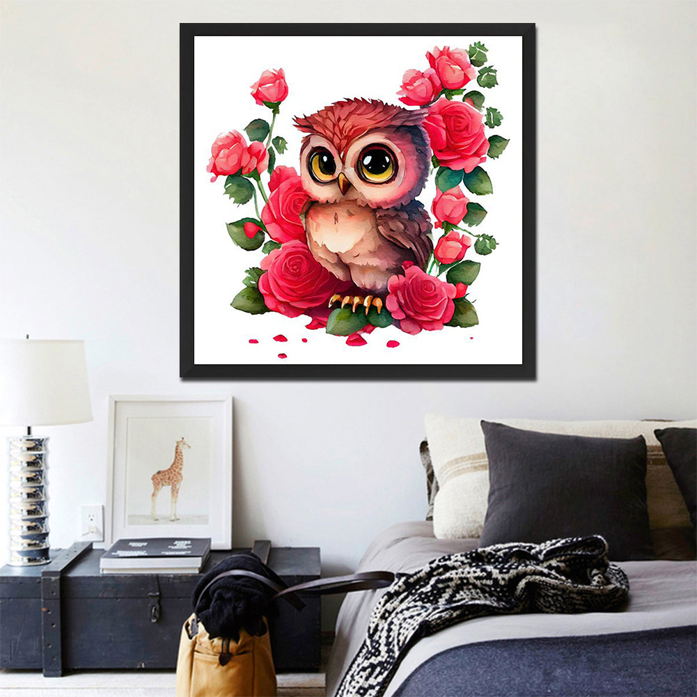 Pink Flower Owl - Full Round Drill Diamond Painting 30*30CM