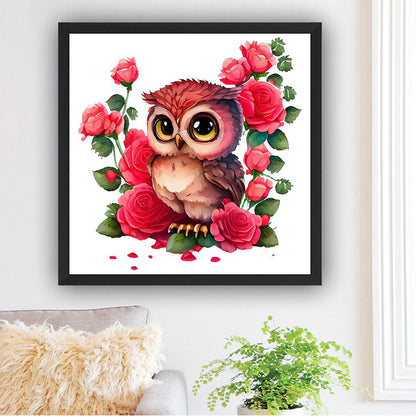 Pink Flower Owl - Full Round Drill Diamond Painting 30*30CM