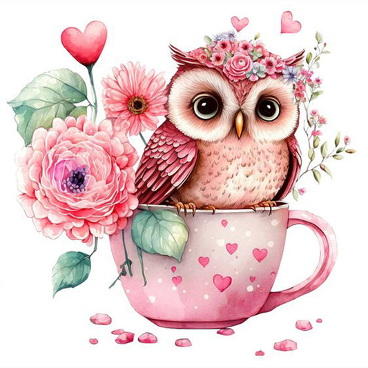 Pink Flower Owl - Full Round Drill Diamond Painting 30*30CM