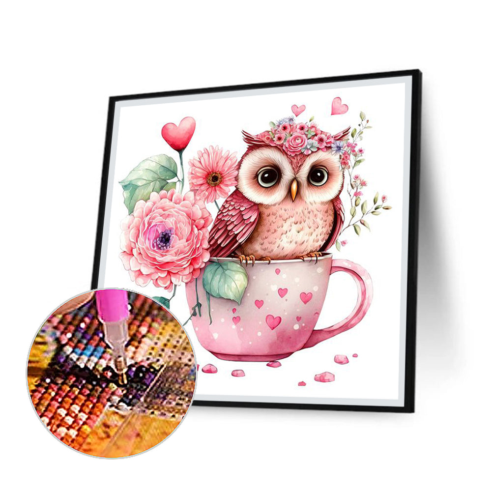 Pink Flower Owl - Full Round Drill Diamond Painting 30*30CM