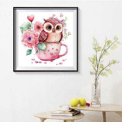 Pink Flower Owl - Full Round Drill Diamond Painting 30*30CM