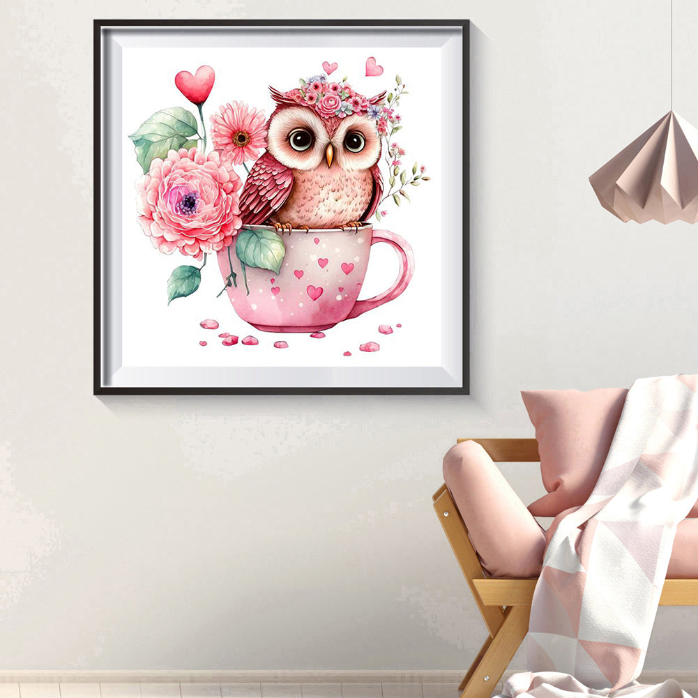 Pink Flower Owl - Full Round Drill Diamond Painting 30*30CM