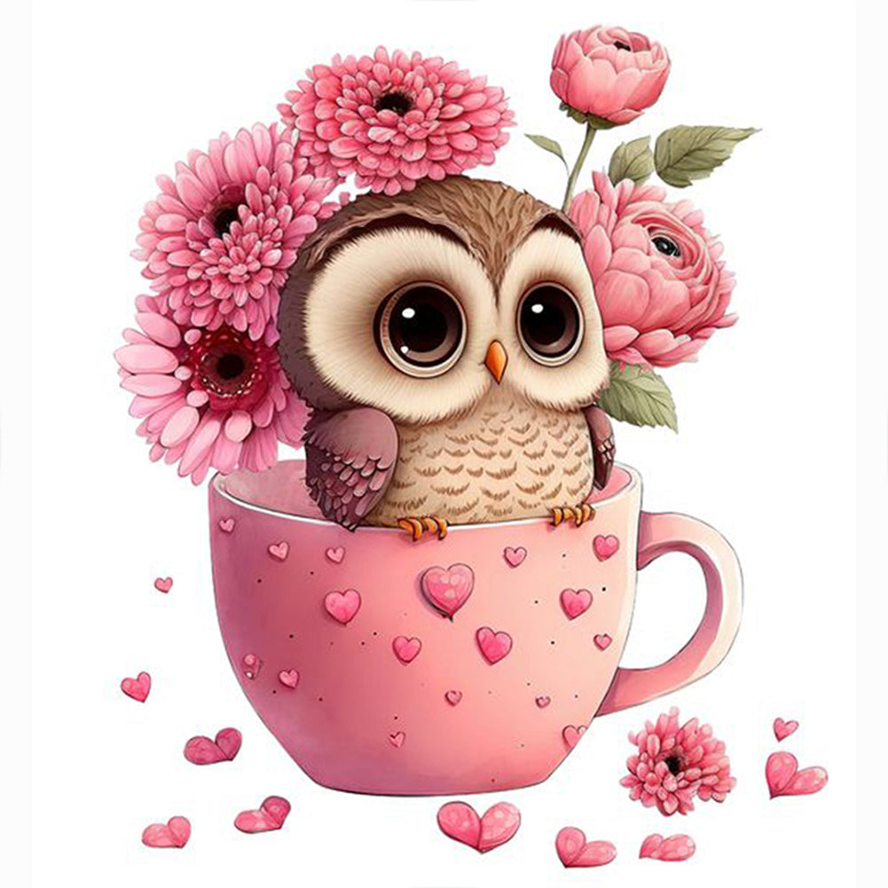 Pink Flower Owl - Full Round Drill Diamond Painting 30*30CM