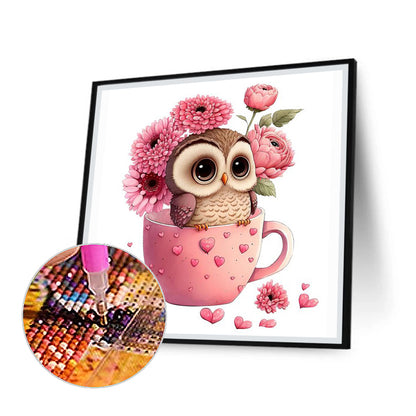 Pink Flower Owl - Full Round Drill Diamond Painting 30*30CM