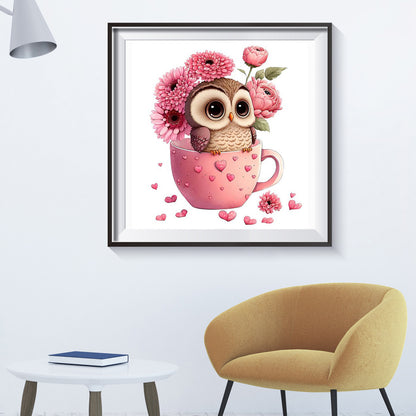 Pink Flower Owl - Full Round Drill Diamond Painting 30*30CM