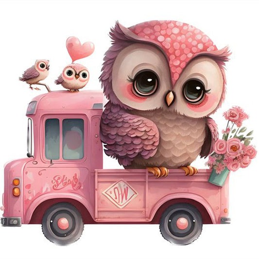 Pink Flower Owl - Full Round Drill Diamond Painting 30*30CM