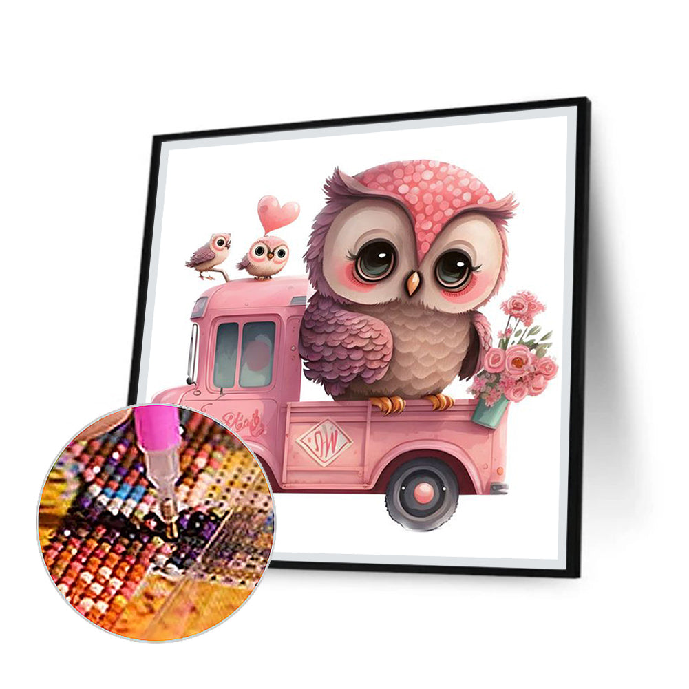 Pink Flower Owl - Full Round Drill Diamond Painting 30*30CM