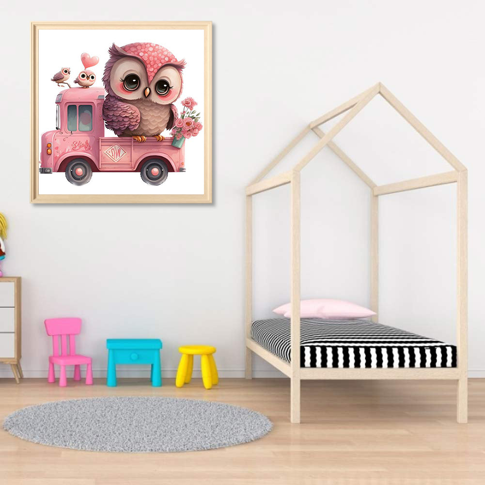 Pink Flower Owl - Full Round Drill Diamond Painting 30*30CM