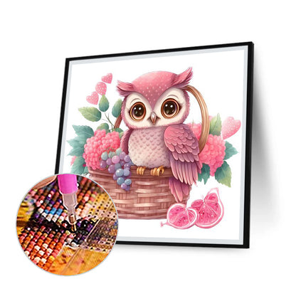 Pink Flower Owl - Full Round Drill Diamond Painting 30*30CM