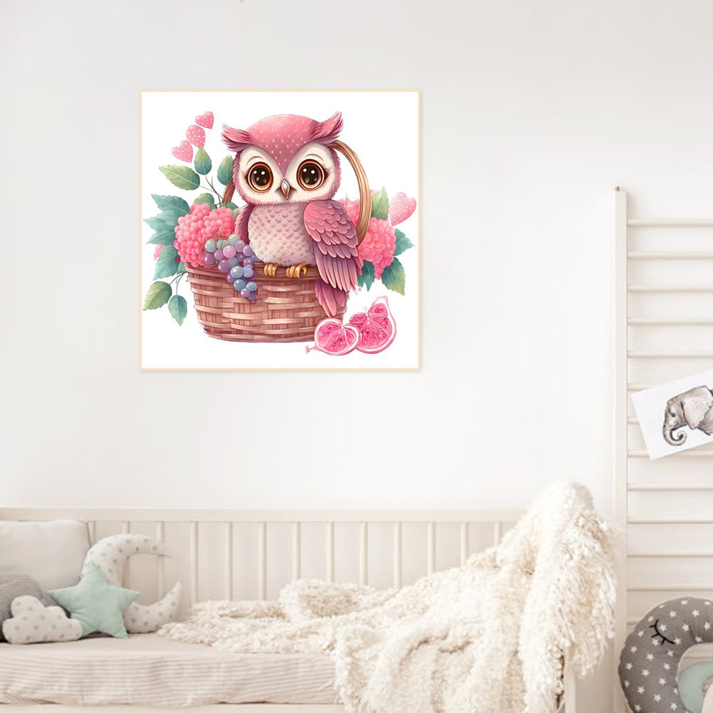 Pink Flower Owl - Full Round Drill Diamond Painting 30*30CM