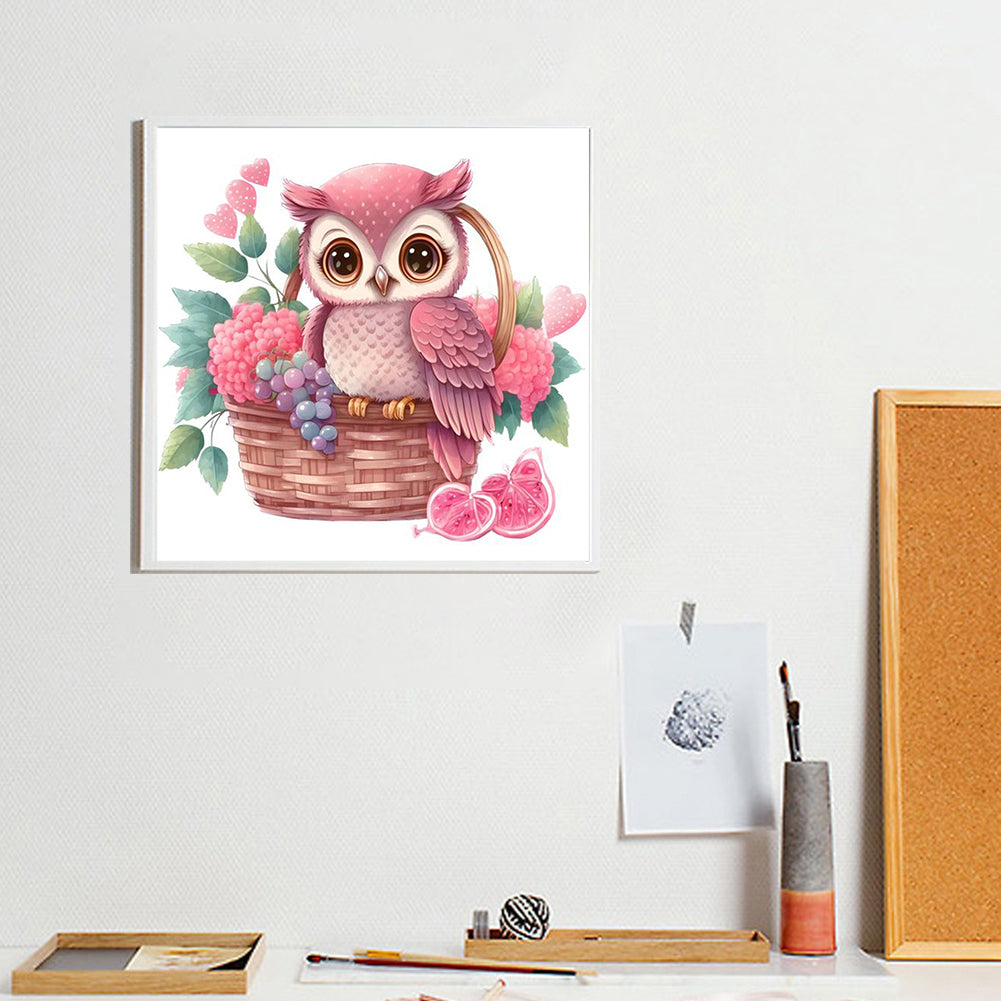 Pink Flower Owl - Full Round Drill Diamond Painting 30*30CM