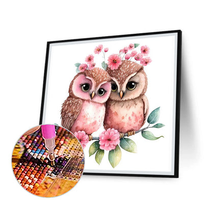 Pink Flower Owl - Full Round Drill Diamond Painting 30*30CM