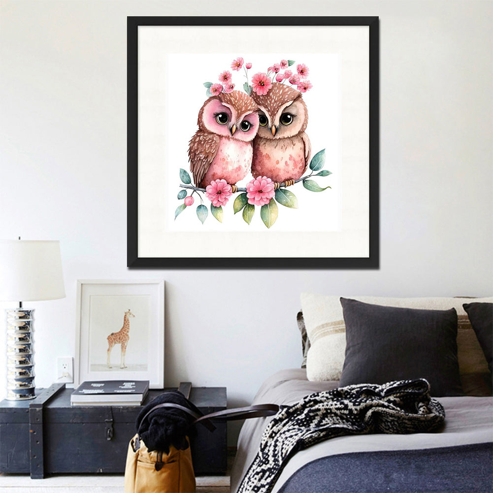 Pink Flower Owl - Full Round Drill Diamond Painting 30*30CM